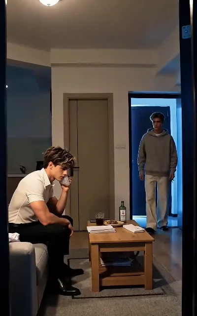 The apartment scene — Ethan on the sofa with an ice pack to his cheek, Liam just home at the door, the roommate cold war in one frame (ep1)