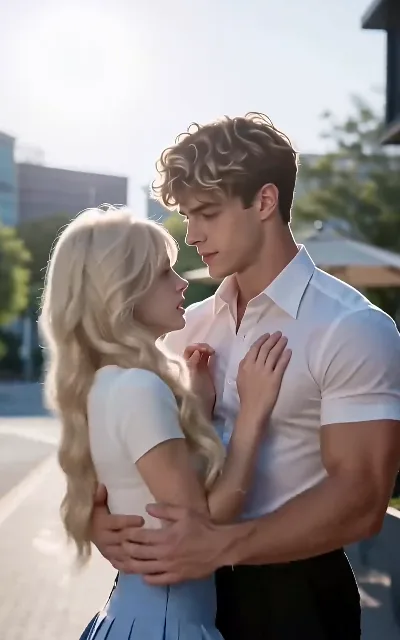 The street embrace in warm backlight — Ethan’s arm around "Lily", the fake date playing sweet (ep2)