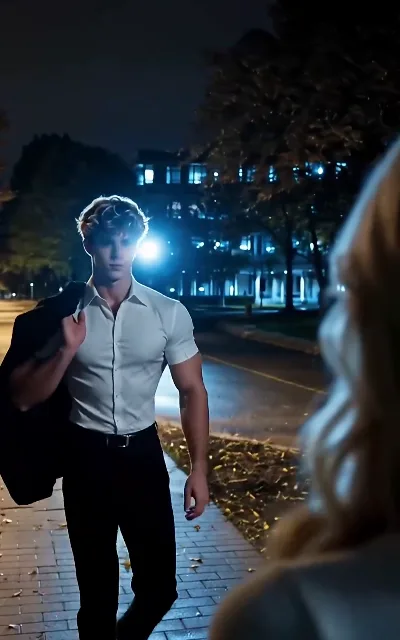 The night street — Ethan walking out of the backlight toward the camera, jacket over shoulder, the "Lily" point of view (ep4)