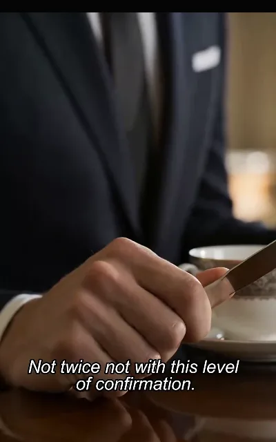 "Not twice not with this level of confirmation" — a pocket-squared hand over a dinner knife, the DNA result weighed like a verdict: the confirmation that pulls Kael into the Ashford mansion (ep1, subtitles as aired)