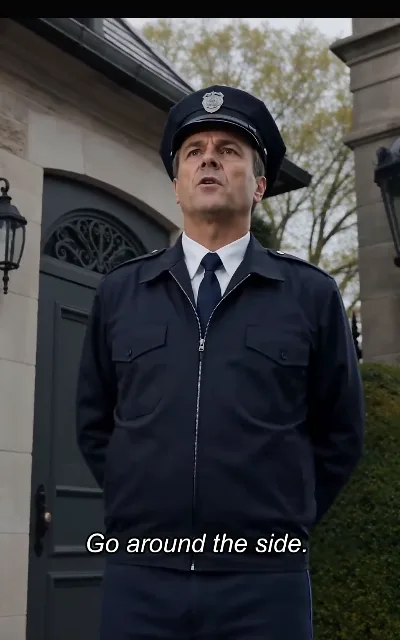 "Go around the side" — the uniformed gate guard routing the new arrival to the side entrance, the mansion’s first verdict on its long-lost heir before the door even opens; the guard carries no name in the frame (ep1, subtitles as aired)