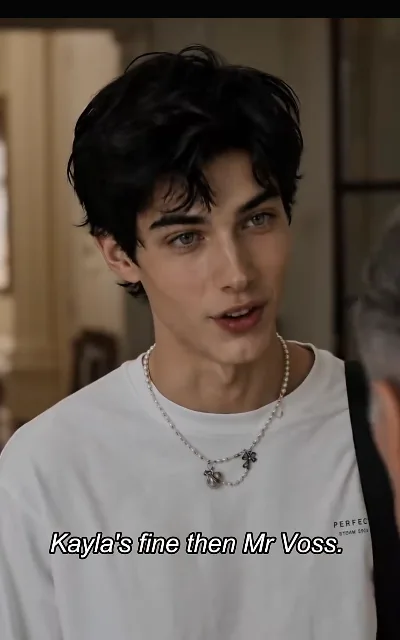 "Kayla's fine then Mr Voss" — Kael in his white tee with the pearl-and-cross chain, the surname landing flat in a doorway: the frame that anchors the Voss name (ep1, subtitles as aired)