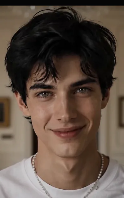 Kael face-on and almost smiling, dark softly curled hair and the pearl chain at his collar — the first unguarded portrait of the real heir, and the source of his avatar (ep2)