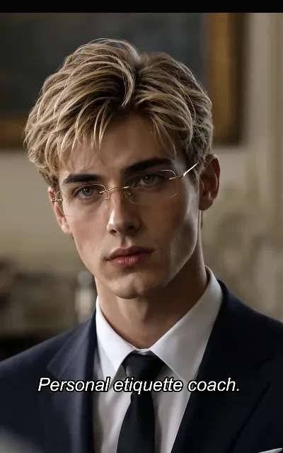 "Personal etiquette coach" — Rhys in suit and black tie, dead-level: the elite grooming that shaped him, now aimed at the heir it never expected (ep3, subtitles as aired)