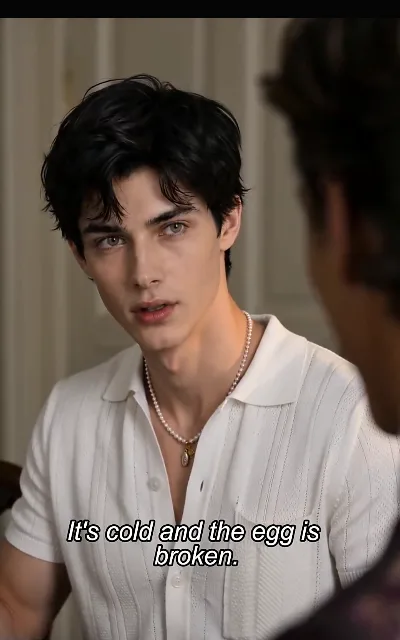 "It's cold and the egg is broken" — Kael in his off-white polo, judging the mansion’s kitchen on his first real standards: the chef’s-eye line of the whole food thread (ep3, subtitles as aired)