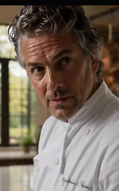 A silver-haired kitchen veteran in a mandarin-collar chef coat, signature embroidered at the chest — the mansion’s professional kitchen and its hierarchy, seen and not named (ep3)