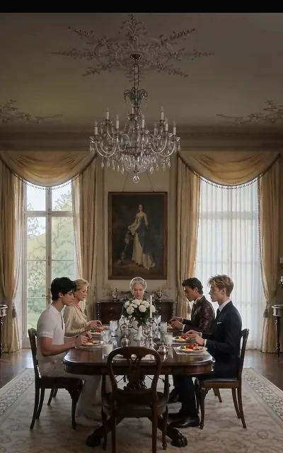 The tense five-person dinner, Kael the only one at the table not in formal wear — his off-white polo against a row of tailoring: the old-money rules meeting the chef’s ease head-on (ep3)
