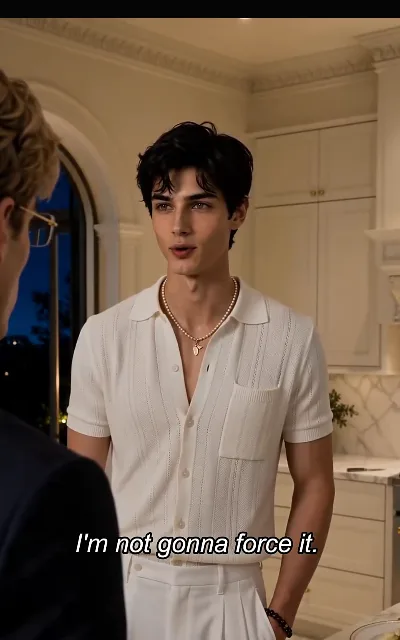 "I'm not gonna force it" — Kael at the counter with Rhys’s back turned, the kitchen conversation where pressure gives way to patience (ep4, subtitles as aired)