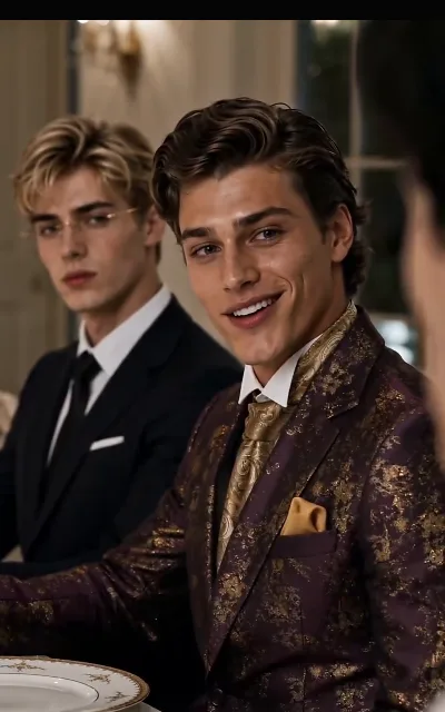 The violet-gilded guest laughing at the banquet with Rhys in the background — the household assembled, watching, and taking sides (ep5)