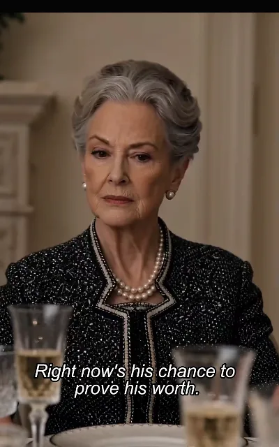"Right now's his chance to prove his worth" — the silver-haired family elder in her pearls, weighing the outsider chef in front of the clan: the family judgment line of the finale run (ep5, subtitles as aired)