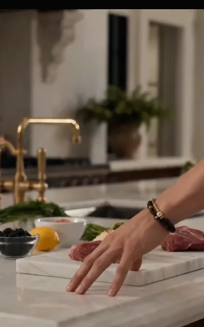 A marble counter laid out with steak and herbs, prep under way — the one pure food frame of the series: the craft the whole story runs on (ep5)