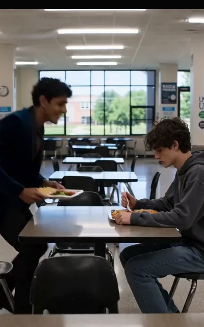 Kael carrying a lunch tray toward the table where Liam sits low — one roommate arriving cheerful, the other braced for it — the cafeteria approach that gives this page its key art (ep2)