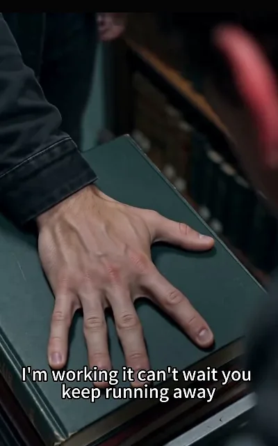 Liam with a hand pressed on a green book, blurred library shelves behind him — "I'm working it can't wait you keep running away", the brush-off that sets the distance (ep2, subtitles as aired)