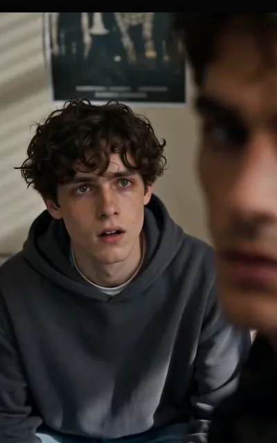 Liam stunned mid-conversation, eyes up and mouth open — a blurred second face in the foreground, venetian-blind light striping the wall behind (ep6)