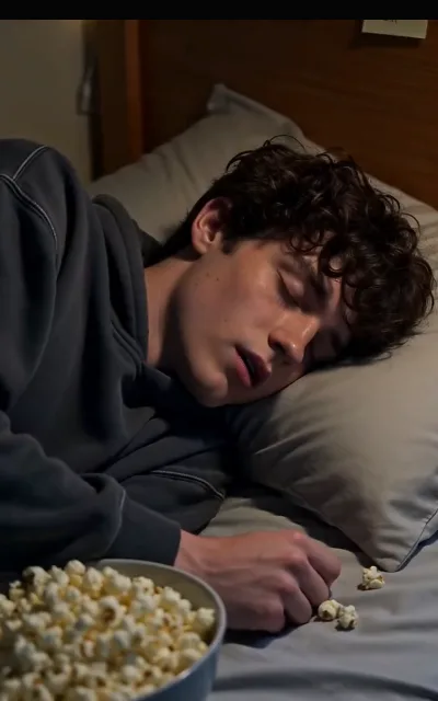 Liam asleep with popcorn — the domestic trust the arc has earned by the free block’s last episode (ep7)