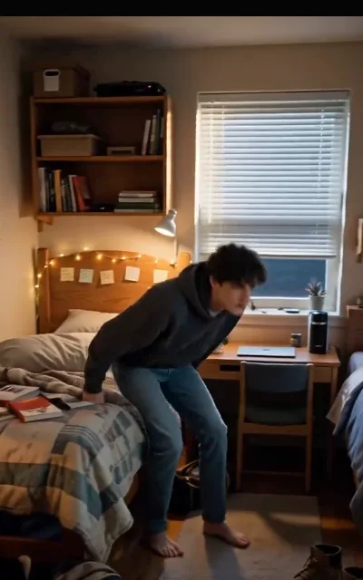 Liam half-risen in the dorm’s full frame — the free block ending on its quietest cliff (ep7)