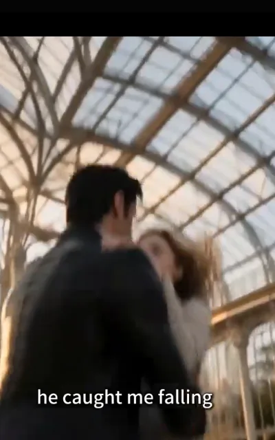 The greenhouse catch — he catches her mid-fall among white blossoms, one arm around her waist, the other braced against a rusted iron column — “he caught me falling” (ep1; subtitles as aired)