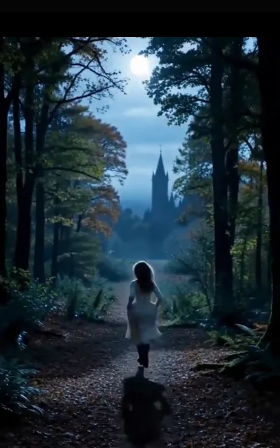 Manor-silhouette at the full moon — the east wing stands dark, the west wing lit, the family tree carved in brass above the staircase (ep2)