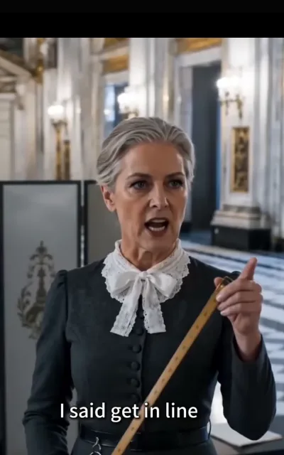 The silver-haired butler holds up a yardstick — “I said get in line, miss; this household runs on a ruler, not a vote” (ep2; subtitles as aired)
