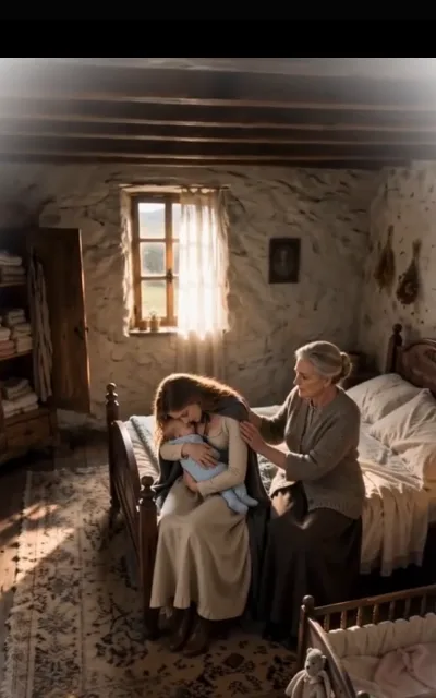 Three generations of care — grandmother’s perfume bottle, mother’s silver hairpin, the baby’s blanket, laid out one beside the other on the linen cloth (ep3)