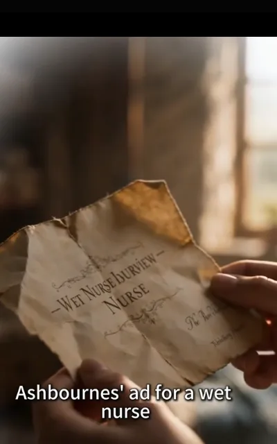 The wet-nurse notice — pinned to the village board, the salary written in careful ink, a tiny shoe-print on the corner — “Ashbournes’ ad for a wet nurse” (ep3; subtitles as aired; family-surname hard proof frame #1)