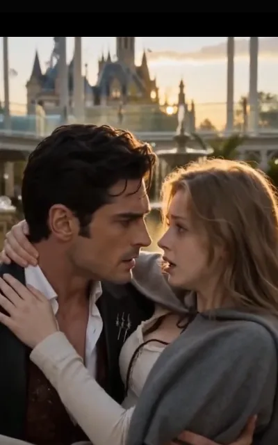 Twilight embrace on the terrace — his hand on the small of her back, her forehead against his collarbone, the last sun-line going copper (ep4)