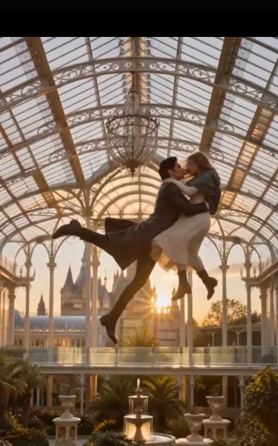 The greenhouse zero-gravity kiss — he bends her back among the climbing vines, her fingers in his hair, his palm on her hip, the glass roof green with sunset (ep4; HERO SOURCE)