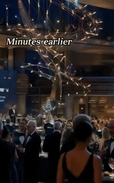 The gala — a grand tree-shaped chandelier over an evening banquet hall, formally dressed guests, a deep-blue event backdrop far behind (ep1; atmosphere beat — scene-setting frame)