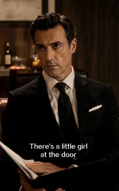The word arrives — a middle-aged man in a black suit with a pocket square, a black folder in hand, interrupted mid-gala by a message, the caption There's a little girl at the door beneath (ep1; subtitles as aired — the opening claim)