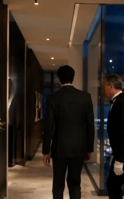 The walk — a marble corridor at night, a young man in a black suit walking ahead while an older white-gloved butler stands in attendance (ep1; atmosphere beat — household formality, unnamed)