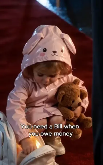 The doorstep claim — a little girl in a pink bunny-ear hooded raincoat sitting on red-carpet steps hugging a teddy bear, full-body far shot, the caption You need a Bill when you owe money beneath (ep1; subtitles as aired — wry bill line on the drama's own footage, not amplified; child warm-family context, not a close-up)