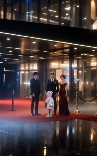 The crash of the gala — at a glass-facade entrance on a rainy night, a little girl in a bunny-ear raincoat facing three formally dressed adults across the red carpet (ep2; title scene — HERO frame; child warm-family context, far compositional element in a group frame, not a close-up)