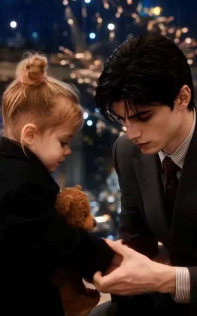 The handshake — before a night window with city bokeh, a man in a grey double-breasted suit bending to shake the hand of a little girl hugging a teddy bear, his hand wrapped around hers (ep2; warm-family beat — child warm-family context, not the focus, not a close-up)
