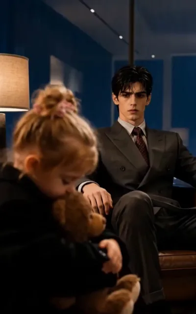 The audience — the male lead in a grey double-breasted suit seated on a leather sofa watching ahead, a little girl with hair buns hugging a teddy bear blurred in the foreground (ep3; station hybrid production as aired — AI-rendered passage frame with dialogue anchor; child warm-family context, not a close-up)