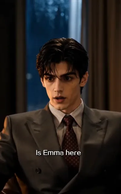 The question — the male lead in a grey double-breasted suit by a night window in warm light, a small mole under his left eye, burgundy polka-dot tie, lips parted mid-question, the caption Is Emma here beneath (ep3; subtitles as aired — Emma name evidence)