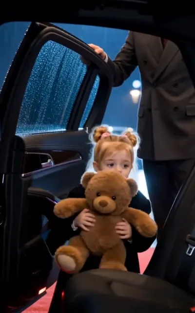 The escort — an in-car view on a rainy night, a little girl with double hair buns hugging a teddy bear at the car door, the male lead's hand on the door frame watching over her (ep3; warm-family beat — child warm-family context, care context, not a close-up)