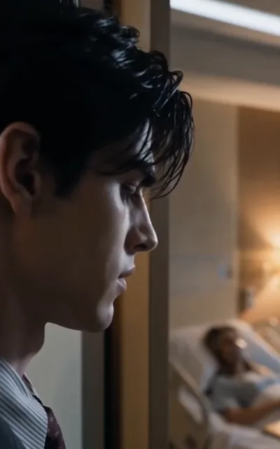 The ward — a shallow-focus profile of the male lead, grave and still, a hospital bed and oxygen mask blurred behind (ep3; atmosphere beat — hospitalization line, narrative stakes)