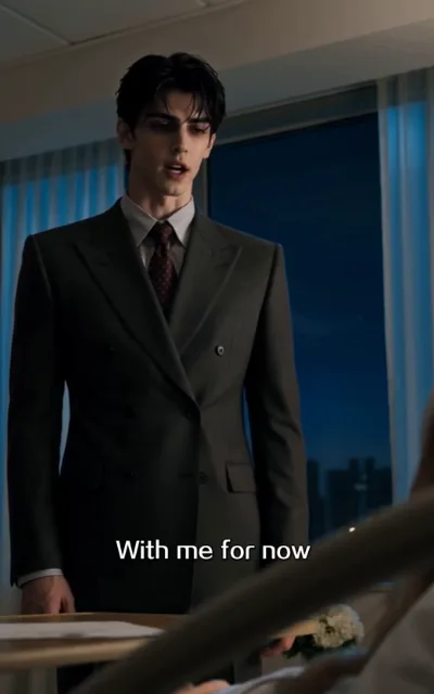 The promise — the male lead in a grey double-breasted suit standing before a hospital bed, a white bouquet and the bed rail blurred in the foreground, the caption With me for now beneath (ep4; subtitles as aired — station hybrid production as aired)