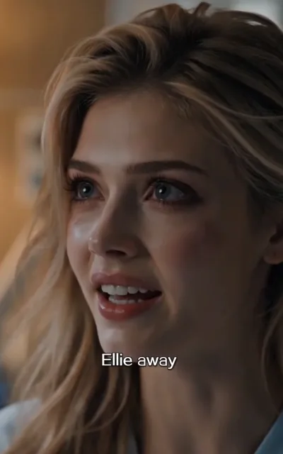 The plea — a young woman in hospital wear, golden-brown waves loose, blue eyes reddened as she looks up in tears, the caption Ellie away beneath (ep4; subtitles as aired — Ellie name evidence)