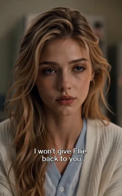 The line drawn — the young female lead with golden-brown waves and a knit cardigan facing the camera with a set, unwavering look, the caption I won't give Ellie back to you beneath (ep5; subtitles as aired — TOP quote, custody standoff)