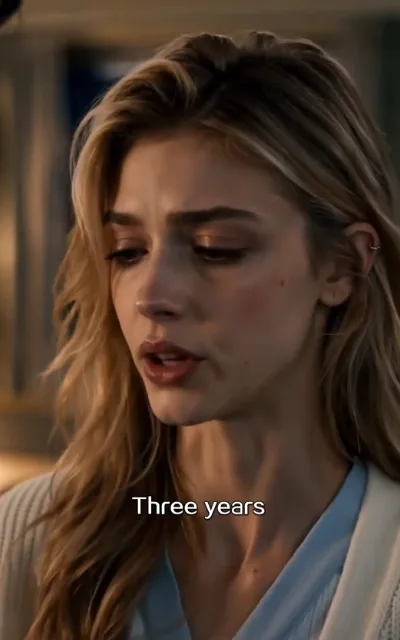 The reckoning — the young female lead with golden-brown waves and a knit cardigan, eyes lowered as she speaks quietly, the caption Three years beneath (ep5; subtitles as aired)