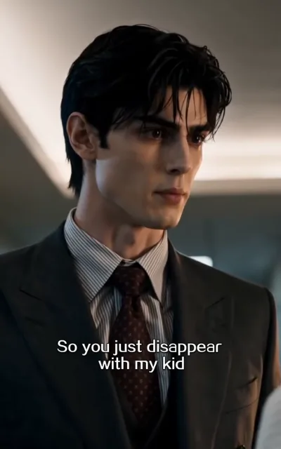 The confrontation — the male lead in a grey double-breasted suit glaring at someone off-frame right, the caption So you just disappear with my kid beneath (ep5; subtitles as aired — station hybrid production as aired)