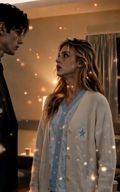 The home front — a warm-toned living room in golden bokeh, a man in dark clothing and the young female lead with golden-brown waves in a star-print pajama set and knit cardigan facing each other, her eyes wide in surprise (ep5; atmosphere beat — quiet confrontation frame)