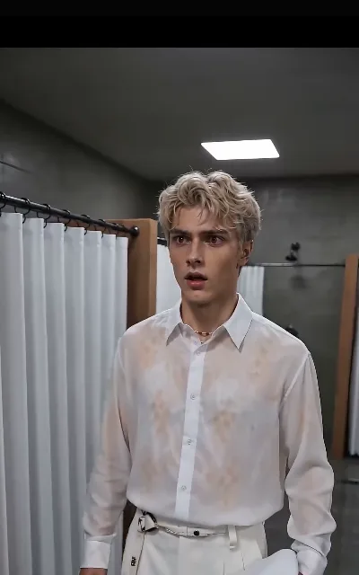 The shower-soaked shirt — the omega drenched after the rescue scene, the silk clinging, gaze elsewhere (ep3; intimacy frame as aired, not amplified)