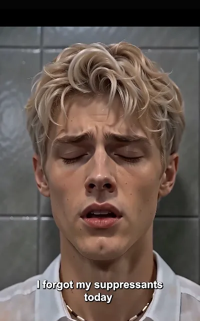 The forgotten dose — the omega caught out mid-day, the line that explains the flush — "I forgot my suppressants today" (ep3, subtitles as aired; ABO-context frame as aired, not amplified)