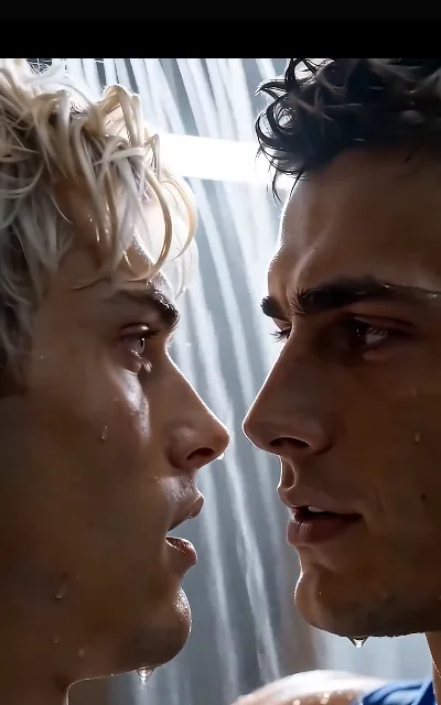 The shower standoff — two men on opposite sides of the steam, hair slicked back from the water, eyes doing all the talking (ep4; intimacy frame as aired, not amplified)