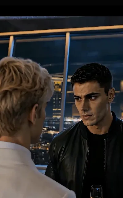 The floor-to-ceiling standoff — the omega and the brother squared off across a city view, the deal being renegotiated in real time (ep5)