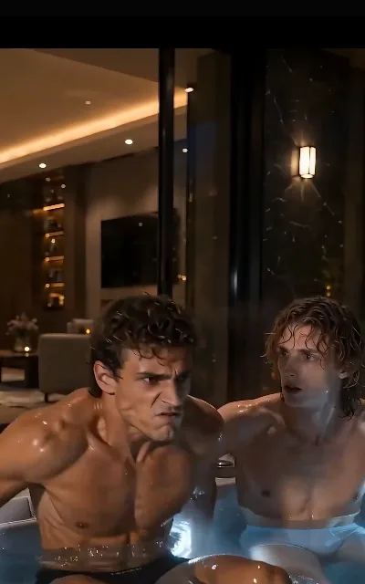 The poolside reversal — the calm of the water gone, two men chest to chest at the edge, the old conflict surfacing where the truce was (ep8; conflict frame as aired, not amplified)