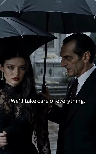 Episode 1 frame: 'We'll take care of everything.' — the funeral promise that seals Bella's fate