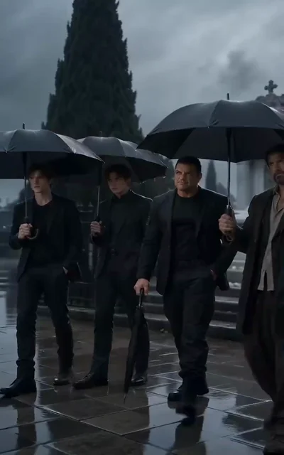Episode 1 frame: four men in black suits walk through a rainy cemetery — the funeral of Bella's father